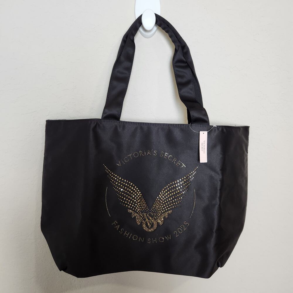 Victoria's Secret Fashion Show 2025 Black and Gold Satin Zip Shoulder Tote Bag